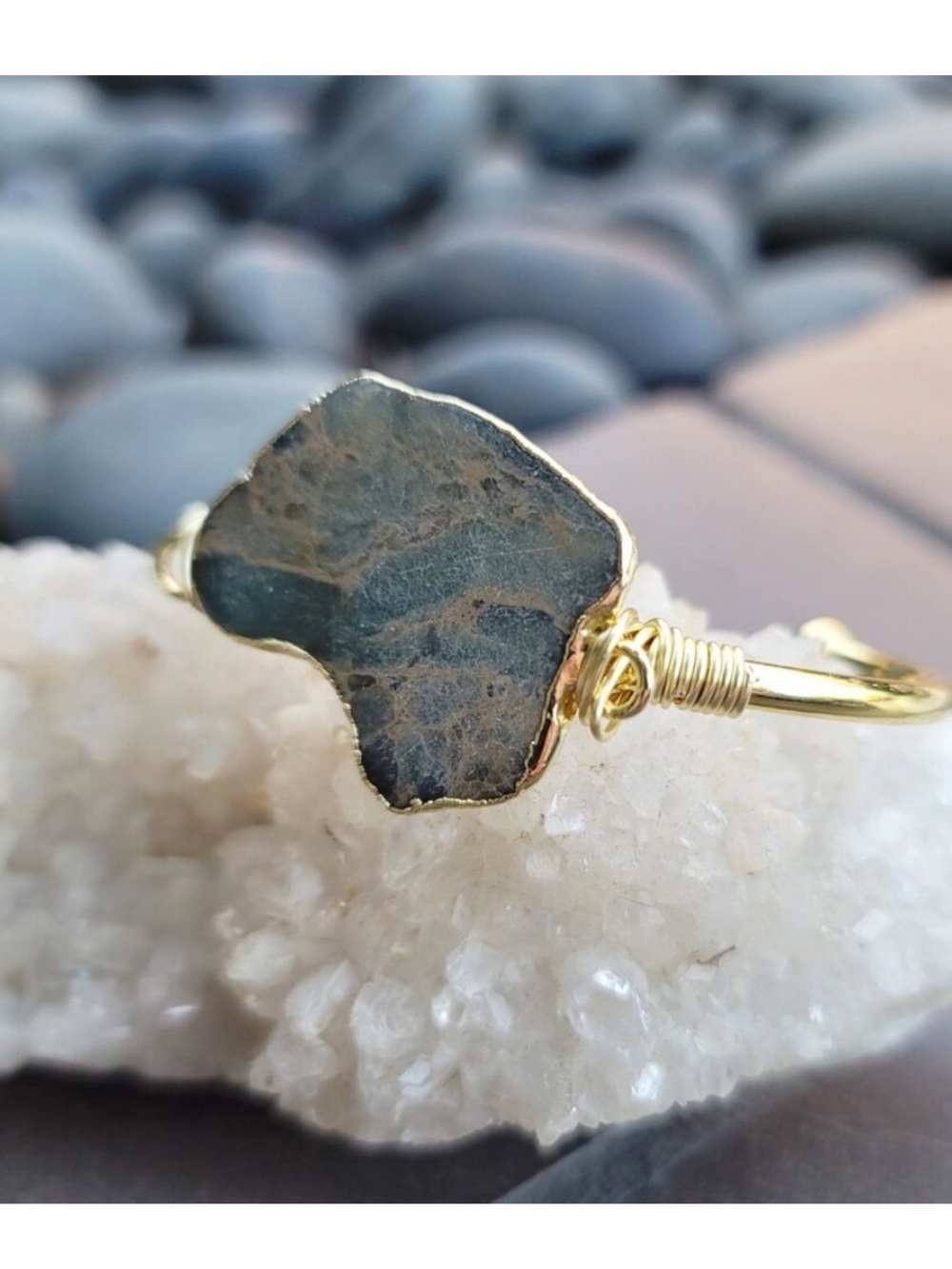 Ocean Jasper 14K Gold Wire-Wrapped Copper Raw Stone Cuff Bracelet